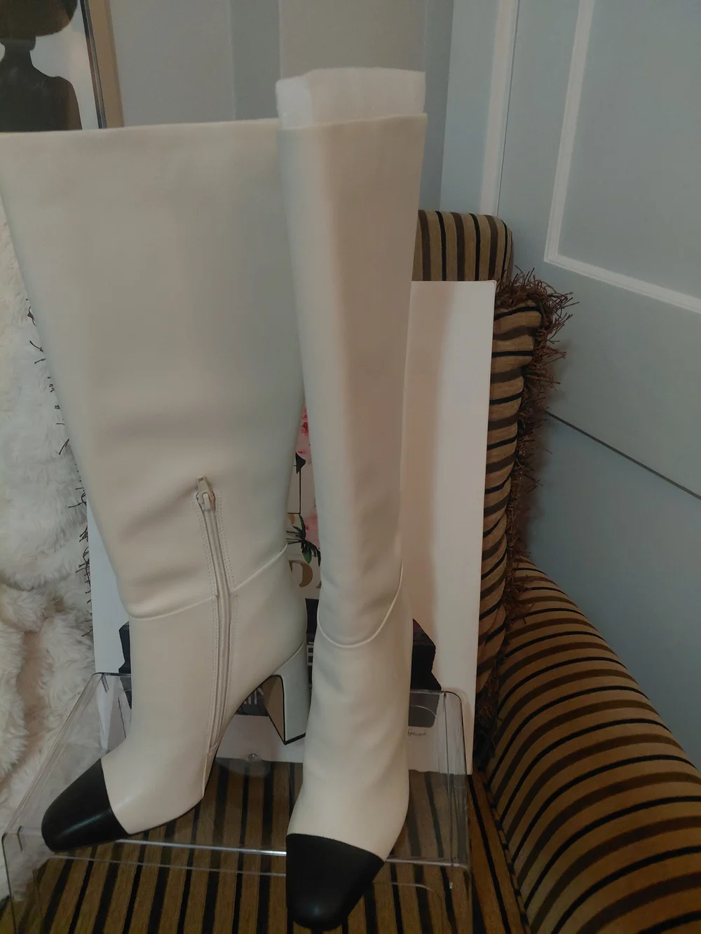 Steve Madden White Knee-High Block Heel Boot with Black Cap Toe